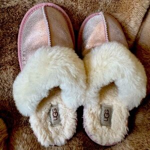 UGG Metallic Pink and Cream Shearling Slippers